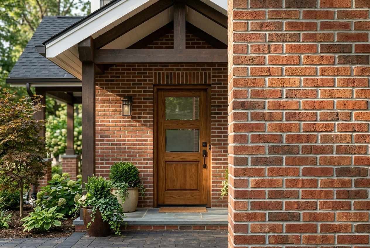 Brick veneer entry and columns with clean, even mortar joints