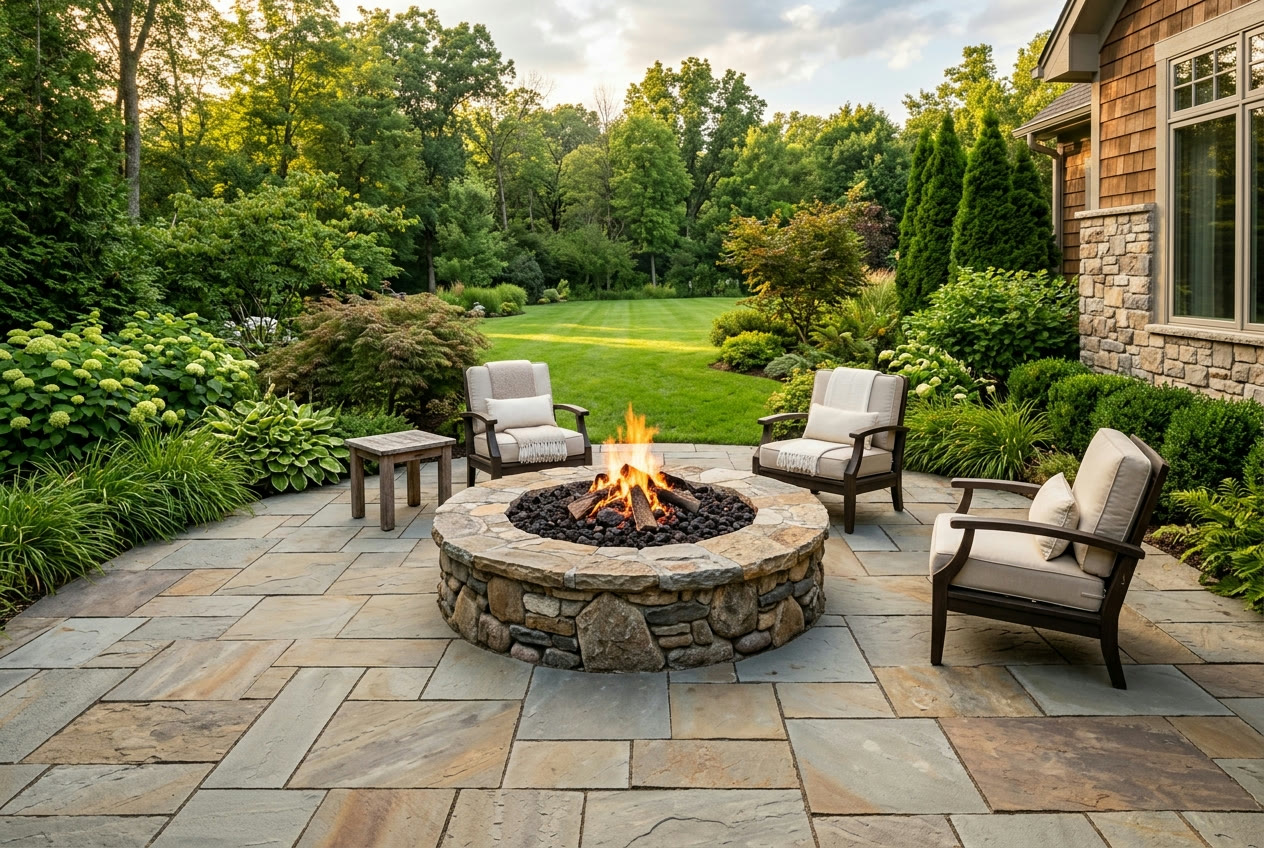 Flagstone patio with a stone fire pit