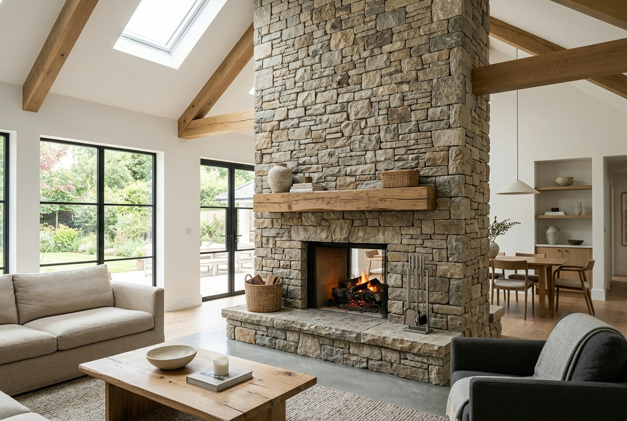 Floor-to-ceiling stone fireplace, set one stone at a time
