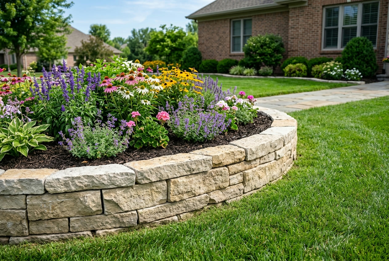Raised stone flowerbed border packed with perennials