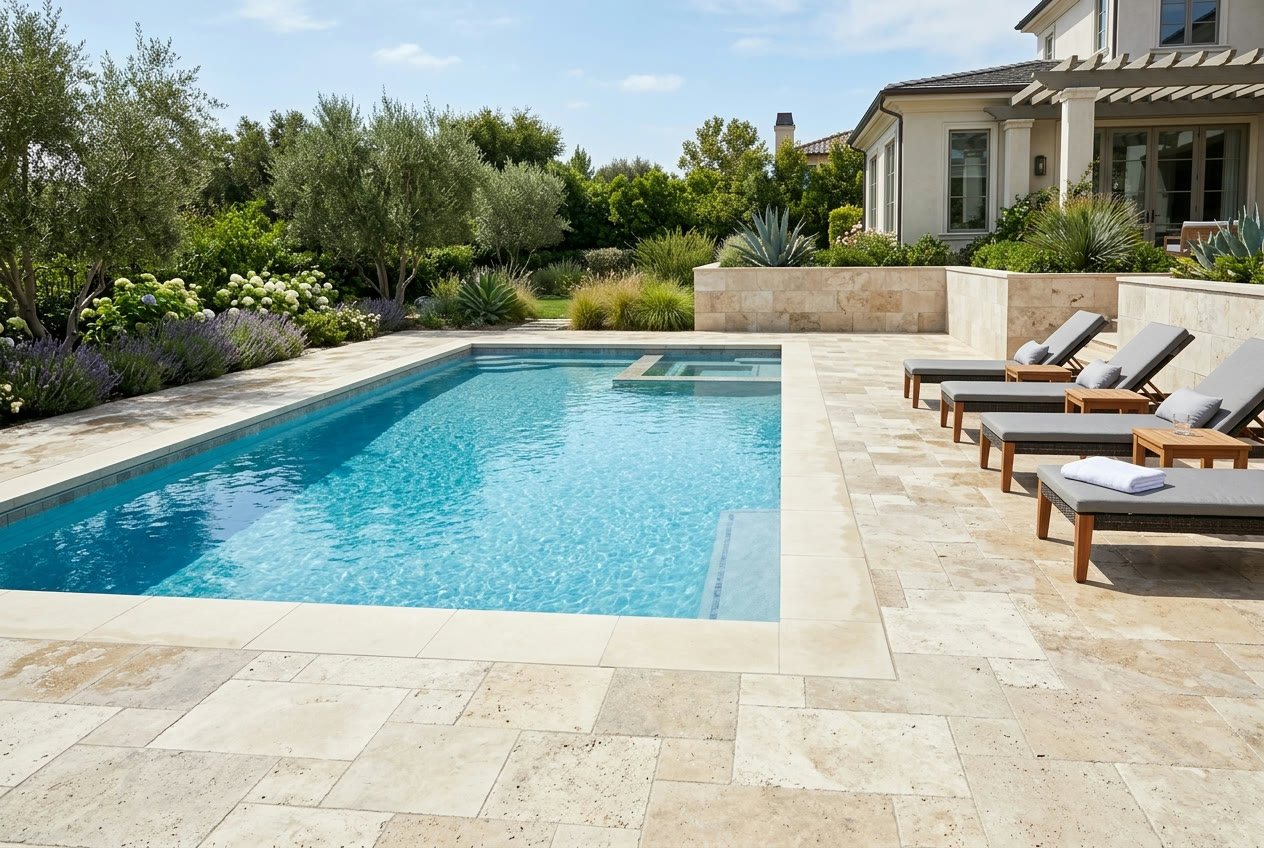 Travertine pool surround and coping at a backyard pool