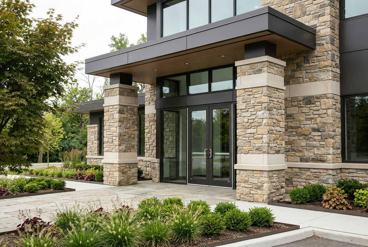 Stone veneer columns and a paver walkway at a commercial entrance
